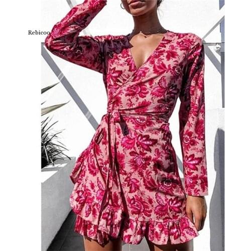 New Floral Print Dresses for Women Sexy V-Neck Ruffles Dress Women Fashion Vintage A-Line Long Sleeve Dress Women