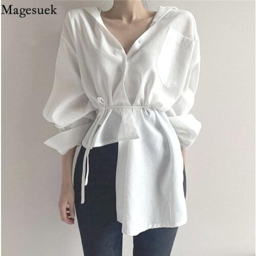 Casual Lace-up White Blouse Irregular Korean Style White Tops for Women Autumn Long Sleeve V-neck Cardigan Button Up Shirt 11677