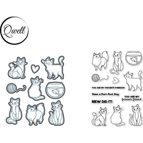QWELL Various Cruddy Cats Metal Cutting Dies and Clear Silicone Stamps Love Fish Tank Ball of Yarn DIY Craft Paper Cards 2021