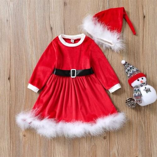 Baby Girl Christmas 2 Piece Set Long Sleeve Solid Color Belt Decoration Plush Fluffy Dress + Hat Fashion Outfits for 1-4 Years