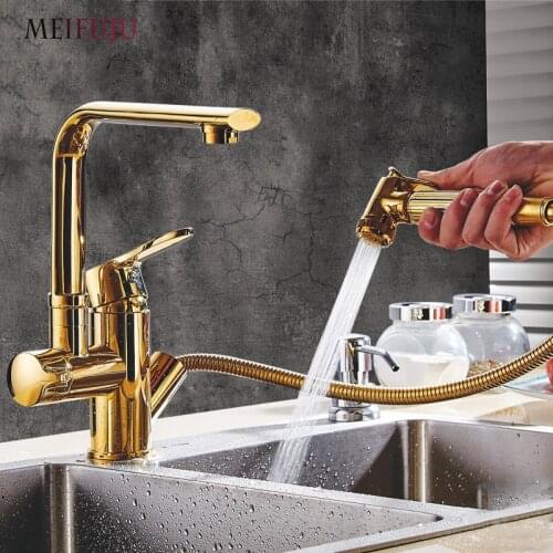 Gold kitchen faucets brass with Two Spouts Pull Out Spray Chrome Brass Kitchen Faucet Mixer Tap Sink Single Handle 360 swivel