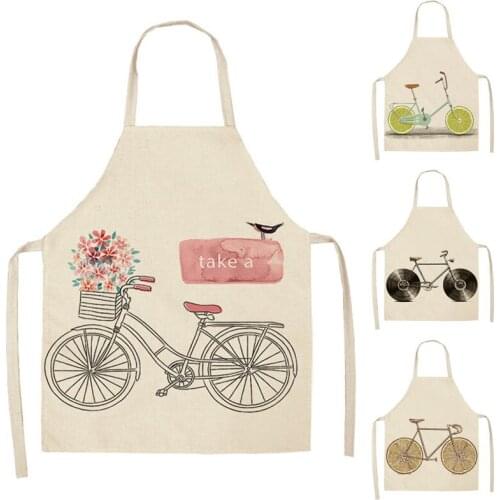 1Pcs Funny Bicycle Printed Kitchen Apron for Woman Sleeveless Cotton Linen Aprons For Cooking Home Cleaning Tools 53*65cm WQL015