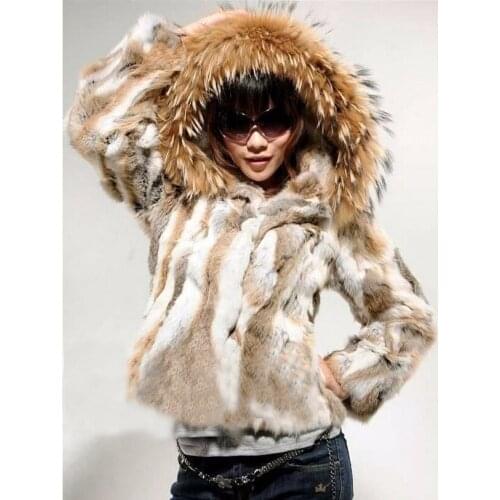 New Real genuine natural rabbit fur coat with raccoon fur hood womens fashion jacket outwear custom any size