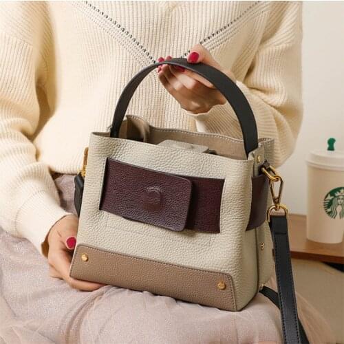New Panelled Bucket Bag Brand Designer Womens Handbag Wide Handle Natural Cowhide Leather Ladies Shoulder Bag Luxury Tote Small