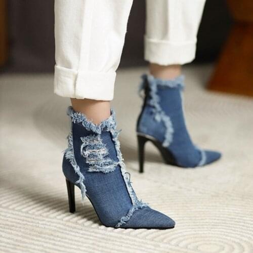 Small Size 33 Women Stiletto Heels Jean Denim Boots Shoes Woman Big Plus Oversize 45 Hobo Hole Cutout Hollow Out Fringe Booties