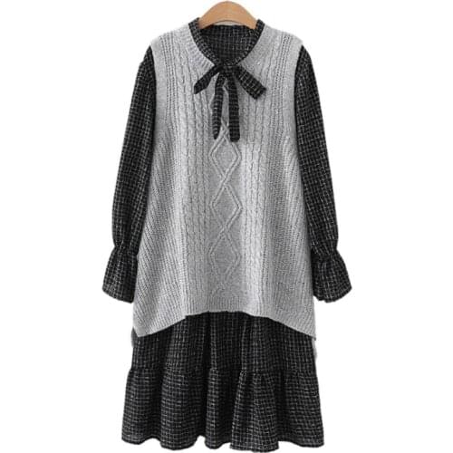 Two Piece Sets Clothes For Women Petal Sleeve Tie Collar Black Plaid A-line Dress And Sleeveless Knitted Vest 2021 Autumn Set