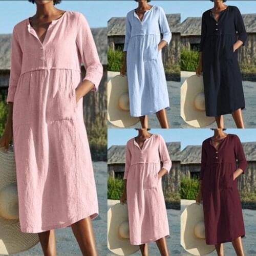 2021 Summer Sundress Casual Short Sleeve Solid Party Women Solid Color Half Sleeve Pockets Buttons Cotton Linen Loose Midi Dress