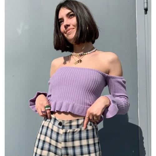 Fall Purple Crop Top Long Sleeve Off Shoulder Women Tshirts Ruffles Slash Neck Solid Color Casual Tops 2021 Missnight