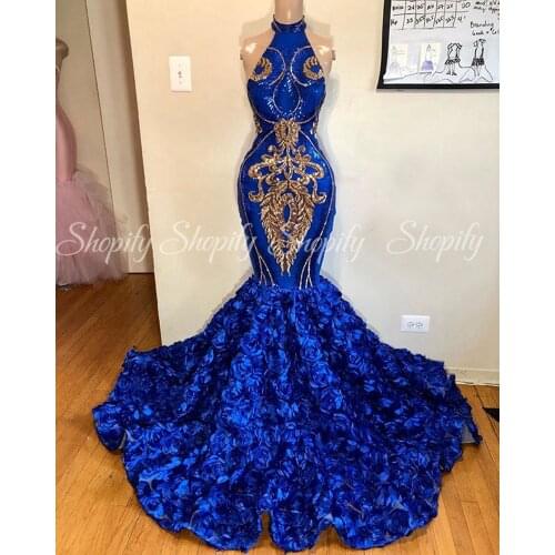 Long Nigeria Sexy Prom Dresses 2020 Halter Mermaid Gold Sequin 3D Flowers Royal Blue African Women Prom Dress