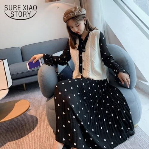 Long Sleeve Dress Autumn 2019 New Female Bow Fashion Temperament Mid-calf Women Dot Dress Chiffon Floral Dresses Dresses 7154 50