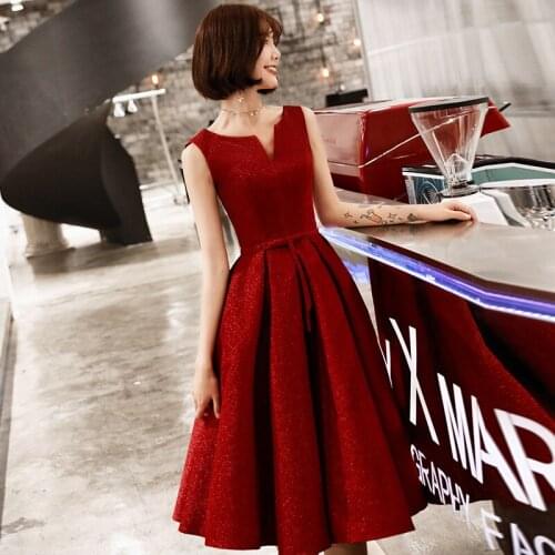 2020 New Veshja Dasmes Formal Evening Dress Wine Red Mid-length Party Prom Gown Bling Bling Sequin Dresses Robe De Soiree