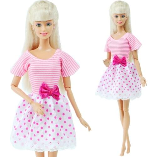 1x Fashion White Pink Lovely Striped Short Sleeve Mini Dress with Bowknot Sweet Clothes Accessories for Barbie Doll Girls Toy