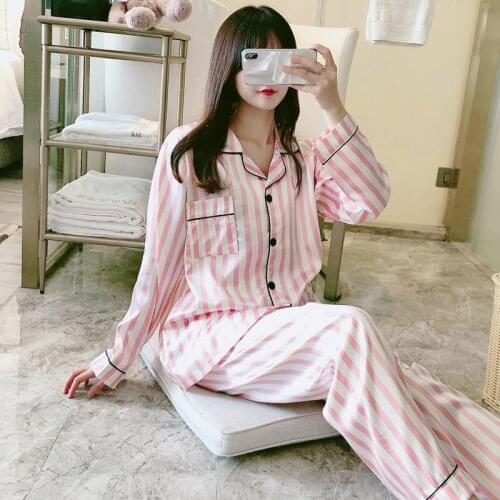 2021 Spring Autumn Casual Striped Long Sleeve Silk Satin Pajama Sets for Women Sleepwear Suit Homewear Pijama Mujer Home Clothes