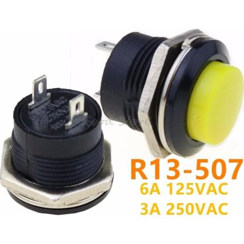 5pcs R13-507 Yellow Color Momentary Push Button Switch OFF-ON Reset Switch 16MM 3A 250V AC Non Locking Switches Round Button