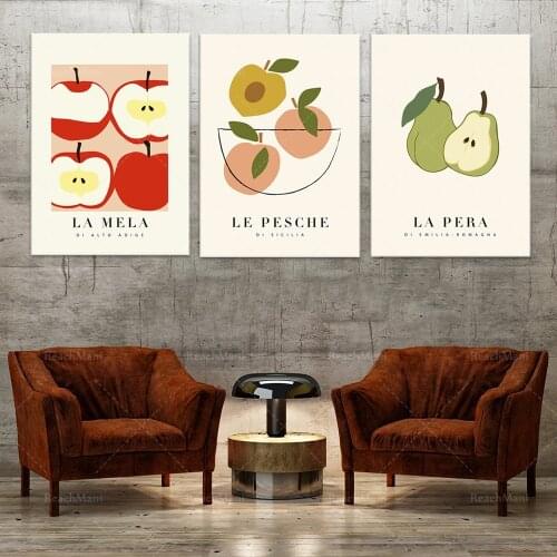 Ensemble botanique de 3 - La Mela - La Pera - Le Pesche - Pomme abstraite , Poire , Pêche Affiche - Conception botanique - Affic