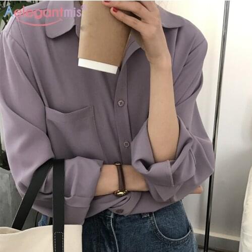Aeleagntmis Vintage Office Lady Blouse Women Korean Soft Shirts Spring Elegant Chic Loose Long Sleeve Tops Purple 3 Colors OL