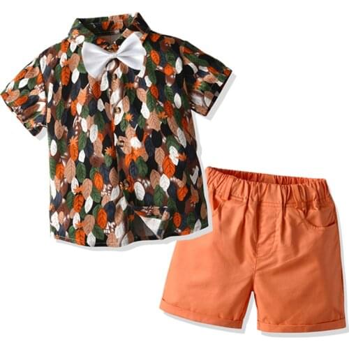 Kids Printed Clothes for a Boy Vacation Outfit Leaf Shirt+ Orange Shorts Summer Preschool Children Clothes Birthday Dress Suit