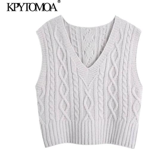 KPYTOMOA Women 2021 Fashion Loose Cable-knit Vest Sweater Vintage V Neck Sleeveless Female Waistcoat Chic Tops
