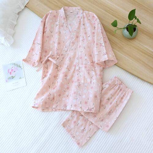Hot sale Japanese kimono robe women sleepwear pyjamas 100% gauze cotton kimono Sweet pajamas sets women sleepwear bathrobes