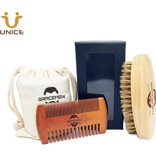 MOQ 100 Sets OEM Custom LOGO Wood Beard Care Kit with Bag & Box Mustache Beards Hair Brush and Double Sided Comb