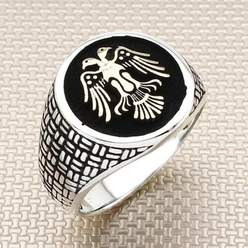 Sterling Silver Round Double Eagle Motif Animal Ring Handcarved Vintage Oxidized Ring For Men Made in Turkey