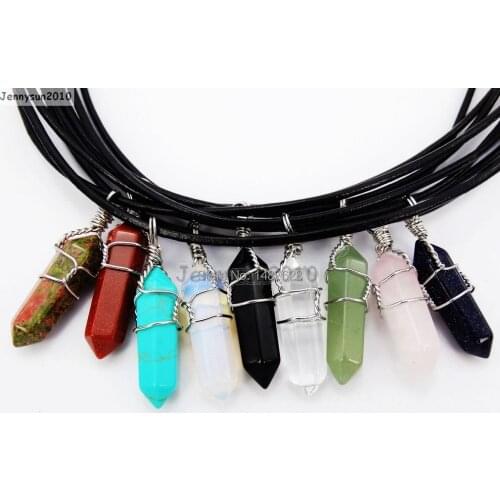 Mixed Natural Gems Stones Hexagonal Pointed Healing Reiki Chakra Wire Wrap Pendant Black Leather Cord Necklace 18'' 5 Sets/Pack