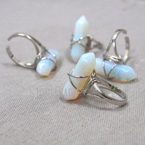 RM13012 10Pcs Opal Ring Winding Silver Electroplated Faceted Double Terminated Point Ring Adjustable