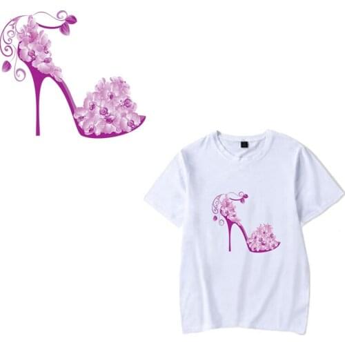 Pink Flower High Heels Iron on Heat Transfer Printing Patches Stickers Washable for Clothes T-shirts Hoodies DIY Appliques 2018