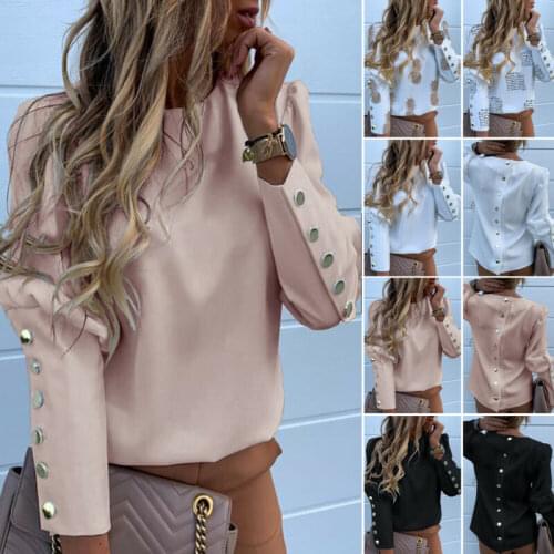 Spring And Autumn 2021 Workwear Ladies Shirt Long Sleeve Back Metal Button Shirt Casual O-neck Printed Large Size Top