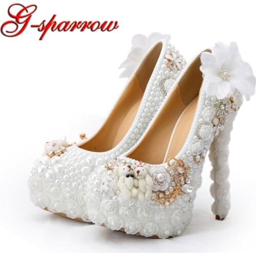Wedding Shoes White Pearl High Heel Bridal Dress Shoes with Lace Appliques Party Prom Pumps Beautiful Platforms Lady Court Shoes