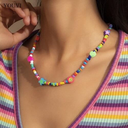 YOUVI Trendy Bead Strand Beaded Choker Necklace For Women Bohemian Colorful Handmade Short Daisy Pearl Necklace Collar Jewelry