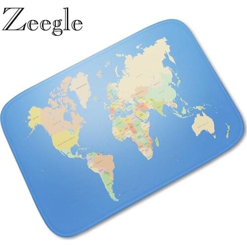 Zeegle Flannel Welcome Floor Mats Map Printed Bathroom Kitchen Carpet Anti-slip Doormats For Living Room Anti-Slip Toilet Rugs
