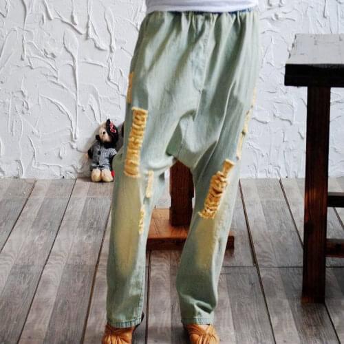 ASYMSAY Autumn Fashion Holes Loose Drop Crotch Denim Harem Pants For Women 2017 Newest Elastic Mid Waist Jeans AC5346