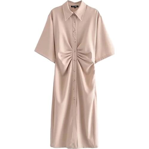 Women Dresses Summer 2021 Solid Long Shirt Dress Female Elegant Office Lady Button Fashion Maxi Pink Beach Robe Korean Clothing