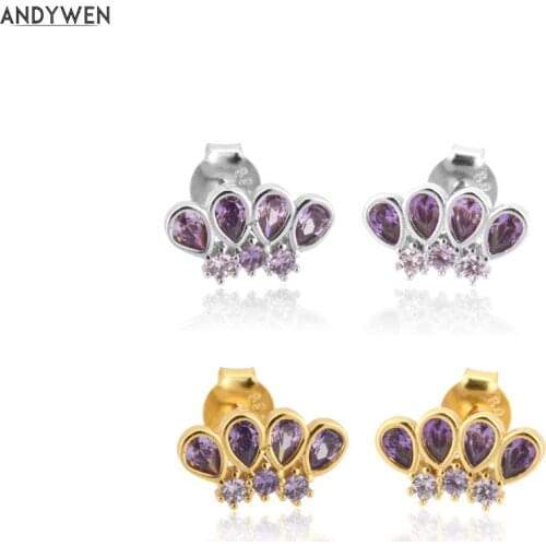 ANDYWEN 925 Sterling Silver Four Purple Zircon Stud Earring Piercing Luxury Crystal CZ Jewelry For Women Ohrringe Pendientes