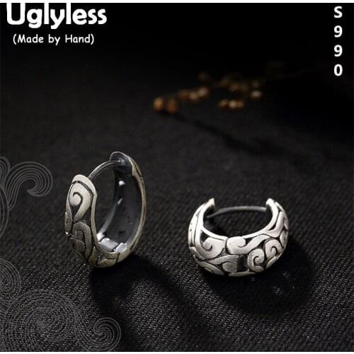 Uglyless Real 990 Fine Silver Women Vintage Jewelry Ethnic Earrings Totem Patterns Hollow Ear Hoops Exotic Nepal Brincos Bijoux
