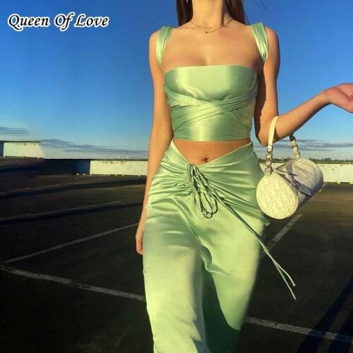 Green Satin Women Two Piece Set Lace Up Bandage Crop Top Strap Camis Ruched Drawstring Midi Skirt Elegant Party 2021 Summer