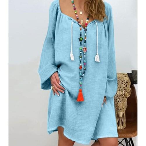 Fall 2019 new linen womens dress solid color loose plus size long sleeve dress