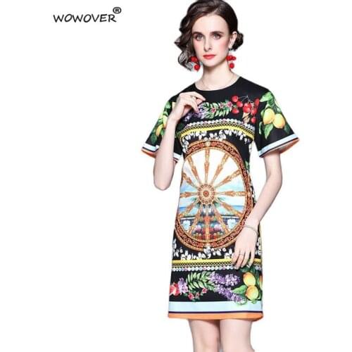 Runway Fashion Summer Clothing 2021 New Short Sleeve Vintage Print Elegant Woman Dress Casual Loose Waist Holiday Robe Femme