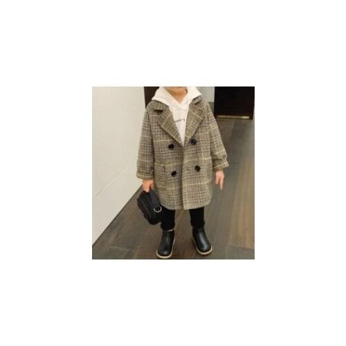 Winter Baby Boys Girls Plaid Jackets Kids Fashion Wool Coats Top Lapel Neck Long Sleeve Side Pocket Warm Button Children Blouse