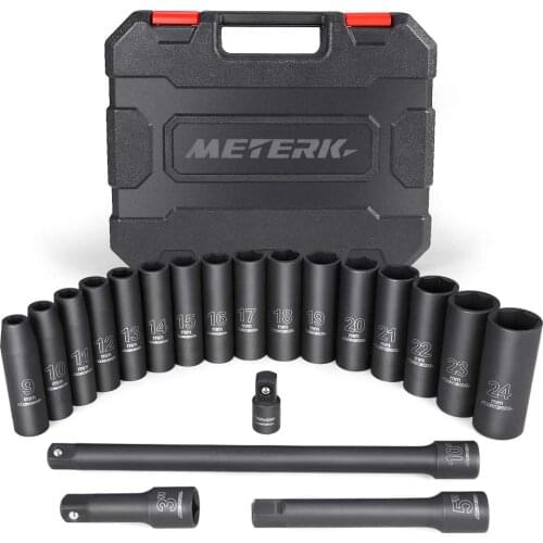 20PCS 1/2-Inch Drive Metric Deep Cr-V Impact Socket Set Carbon Steel with Hard Storage Box Long Service Time