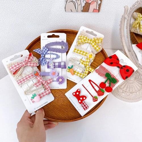 4/5 Pcs/Set Children Cute Colors Plaid Bow Fruit Cartoon Ornament Hair Clips Girls Sweet Barrettes Hairpins Kid Hair Accessories
