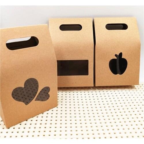 50Pcs/Lot Vintage Kraft Paper Standing Boxes With Apple Heart Shaped Clear PVC Window For Dried Fruit Petal Hold Container Bags