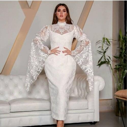 White Muslim Evening Dresses Sheath High Collar Ankle Length Lace Dubai Saudi Arabic Long Evening Gown Prom