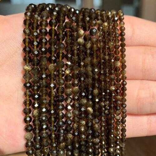 Natural Gold obsidian Bead Faceted Black Stone Round Loose DIY Beads for Jewelry Making Handmade Bracelet 15inch 2/3/4mm