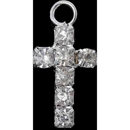 DoreenBeads Copper Charm Pendants Cross Silver color Clear Rhinestone 16mm( 5/8") x 7mm( 2/8"), 10 PCs