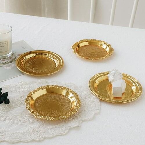 European Style Gold Storage Tray Fruit Snacks Jewelry Display Plate Kitchen Round Food Tray Photography Decoration Props