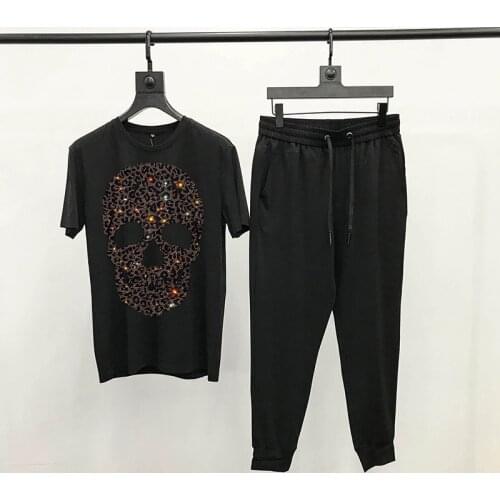 Mens Summer Exaggerated Diamond Skull Pattern Slim T-Shirt Classic Sets Tracksuit Hip Hop Short Sleeve