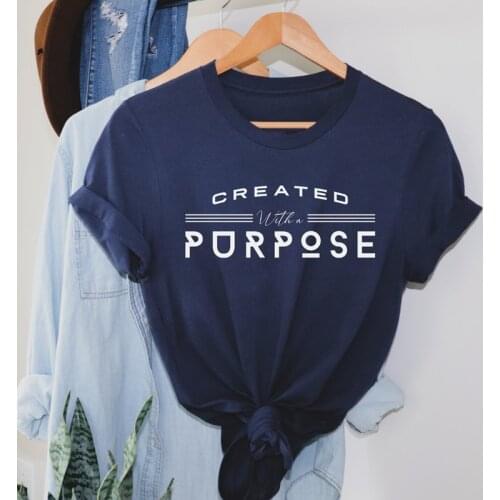 100% Cotton Created With A Purpose T-shirt Casual Christian Inspirational Faith Tee Shirt Top Women Religious Church Tshirt