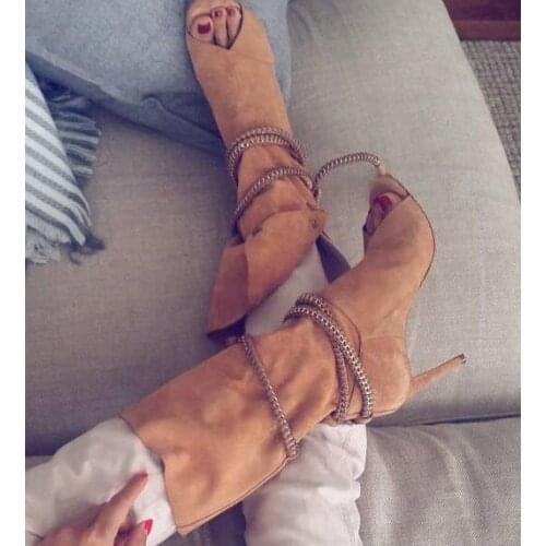 Customized Tan Stretch Fabric Wide Calf Boots Peep Toe Chain Straps Lace Up Boots Women Leisure Style Womens Cowboy Boots